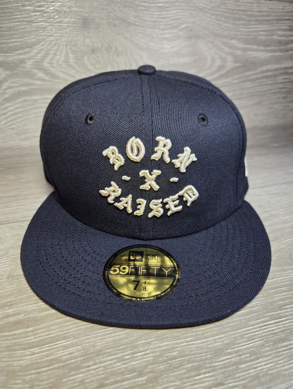 Born x Raised New Era 59Fifty Size 7 1/8 Fitted Rocker Hat Navy Blue / Peach NEW